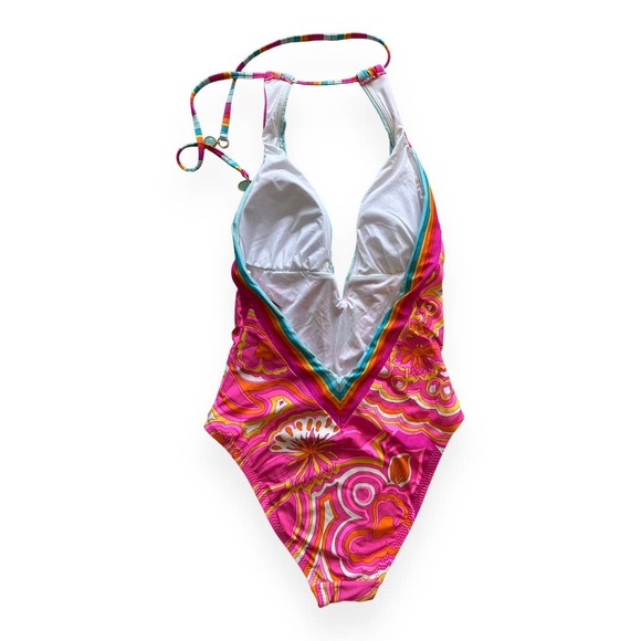 NEW Trina Turk Morning Sunrise Plunge One-Piece Swimsuit Pink Orange Halter Sz 4 - Picture 4 of 9